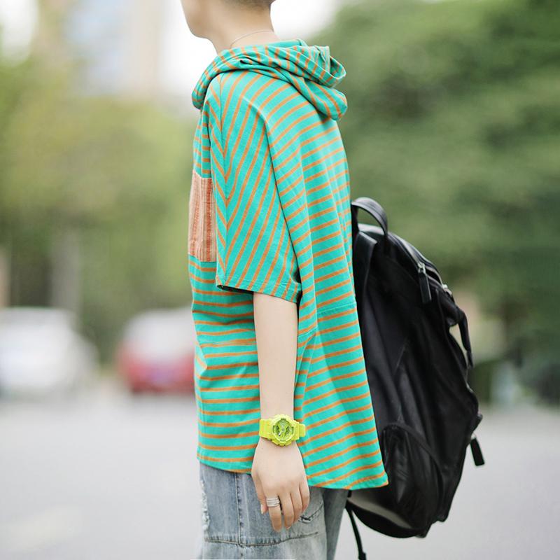 Literary Patchwork Loose Hooded Short Sleeve T-Shirt