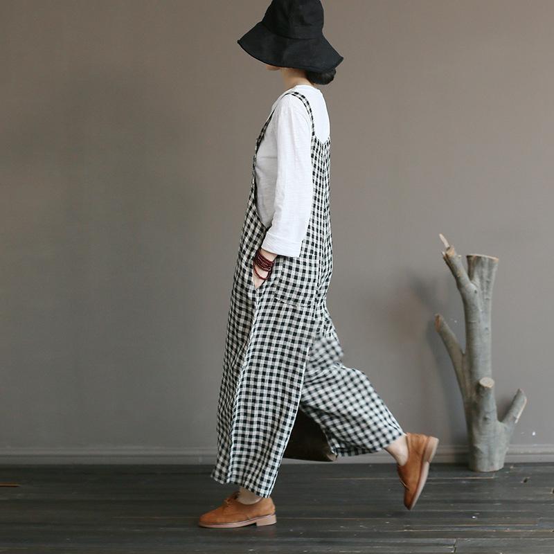 Literary Plaid Loose Casual Wide Leg Overalls