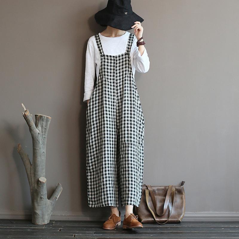 Literary Plaid Loose Casual Wide Leg Overalls