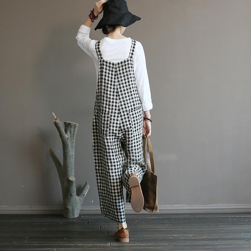 Literary Plaid Loose Casual Wide Leg Overalls