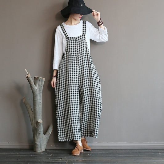Literary Plaid Loose Casual Wide Leg Overalls