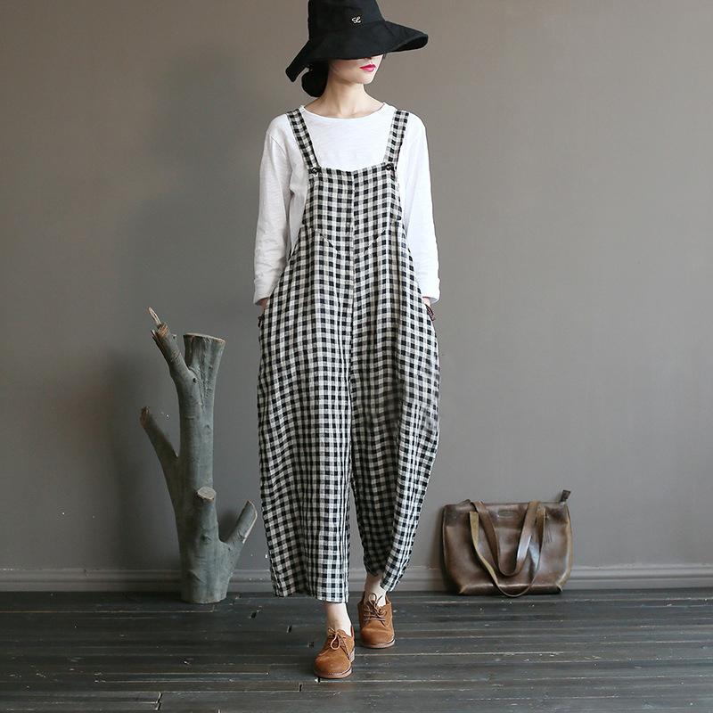 Literary Plaid Loose Casual Wide Leg Overalls