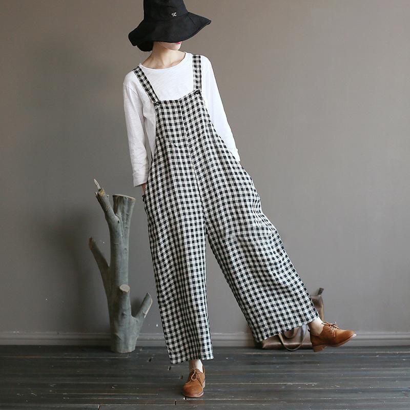Literary Plaid Loose Casual Wide Leg Overalls