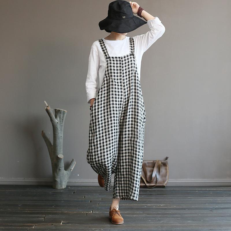 Literary Plaid Loose Casual Wide Leg Overalls