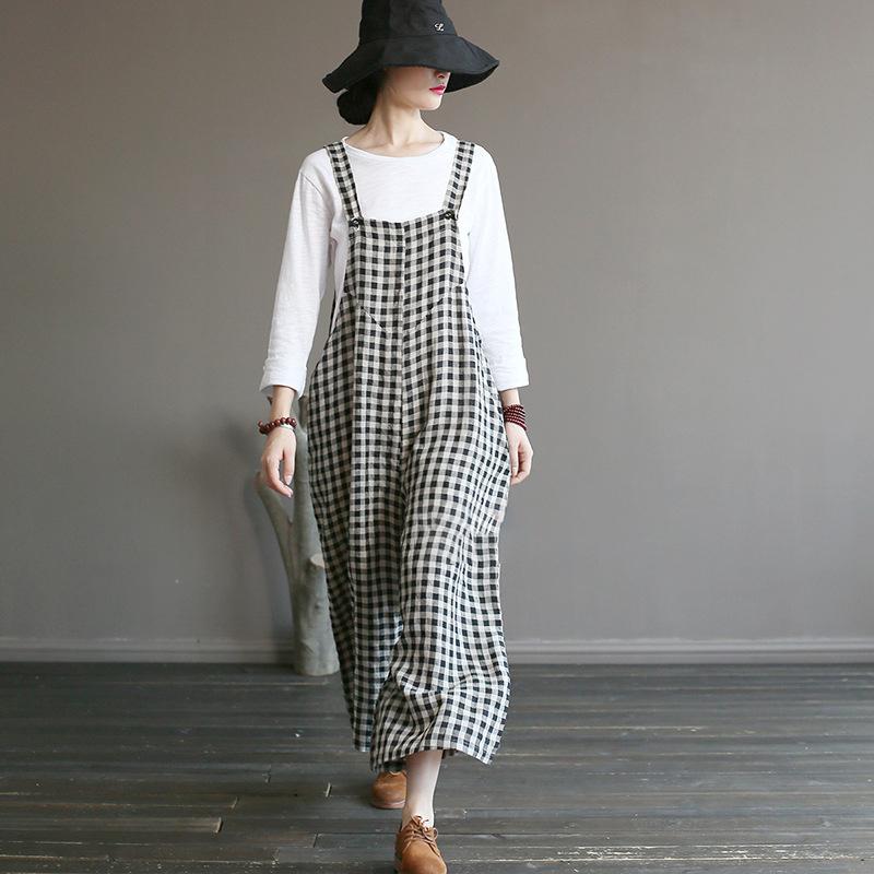 Literary Plaid Loose Casual Wide Leg Overalls