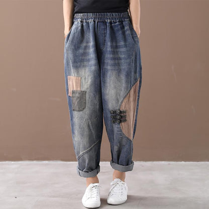 Literary Retro Patchwork Frayed Casual Jeans