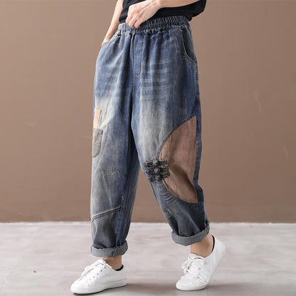 Literary Retro Patchwork Frayed Casual Jeans