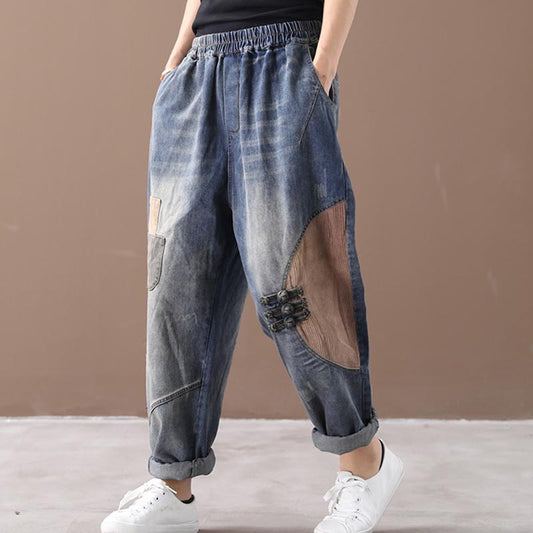Literary Retro Patchwork Frayed Casual Jeans