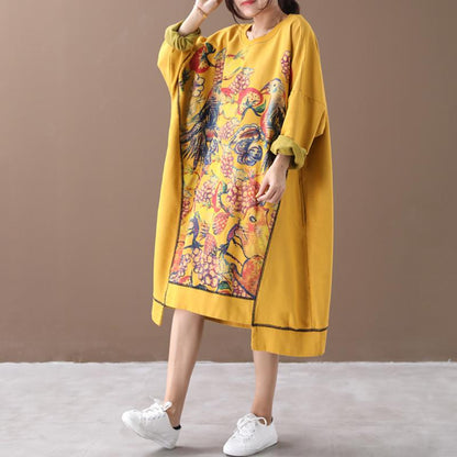Literary Retro Print Washed Loose Dress