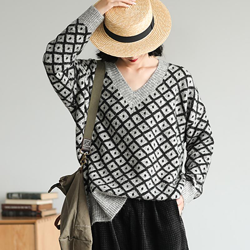 Literary Rhombic Pullover Casual Warm Sweater