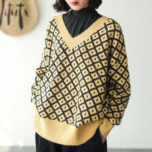 Literary Rhombic Pullover Casual Warm Sweater