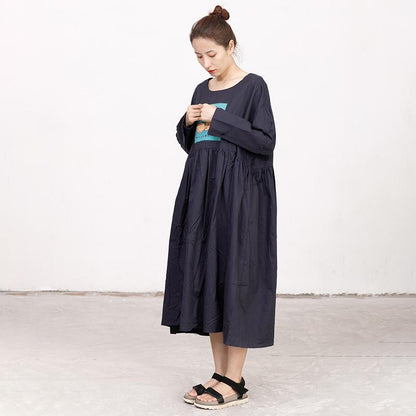 Literature Chic Printing Long Sleeves Splicing PLeated Women Dress