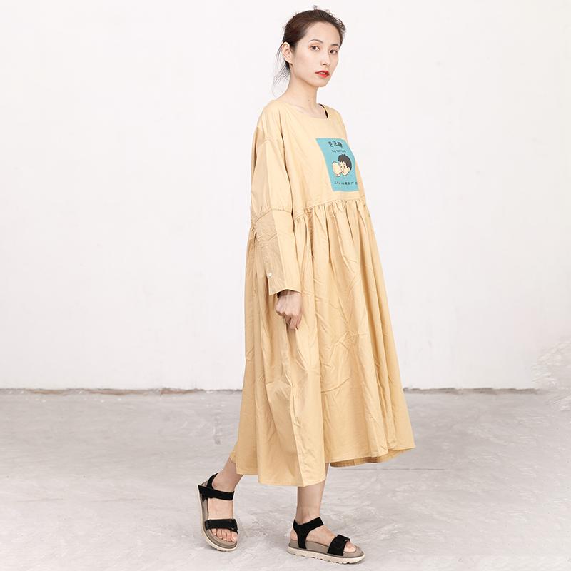 Literature Chic Printing Long Sleeves Splicing PLeated Women Dress