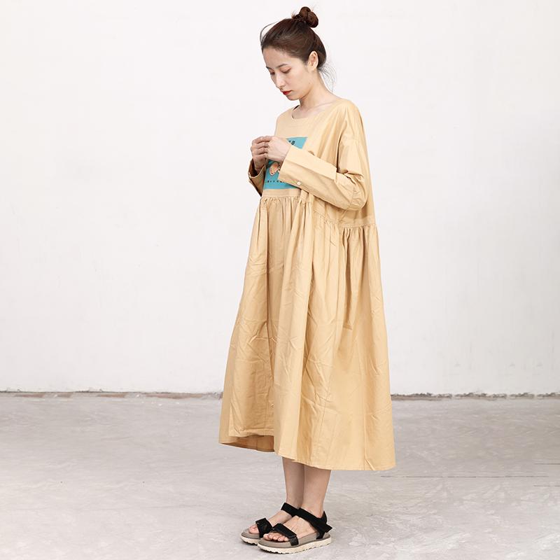 Literature Chic Printing Long Sleeves Splicing PLeated Women Dress