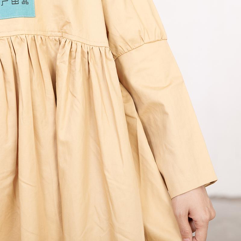 Literature Chic Printing Long Sleeves Splicing PLeated Women Dress