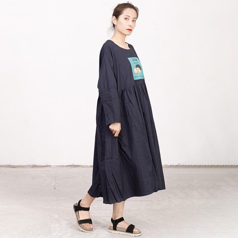 Literature Chic Printing Long Sleeves Splicing PLeated Women Dress