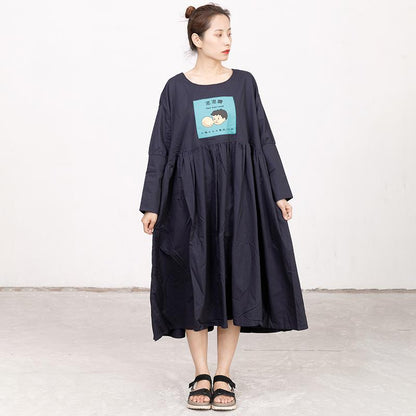 Literature Chic Printing Long Sleeves Splicing PLeated Women Dress