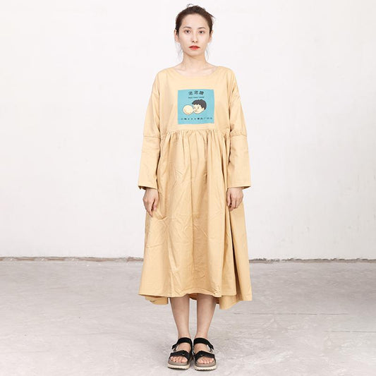 Literature Chic Printing Long Sleeves Splicing PLeated Women Dress