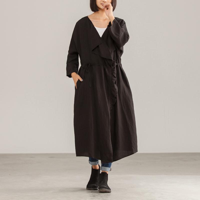 Long Linen Women Autumn Solid Ruffles Coat
