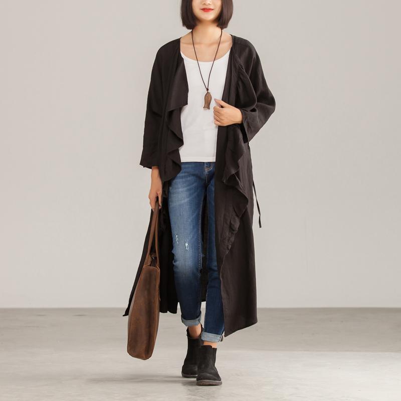 Long Linen Women Autumn Solid Ruffles Coat