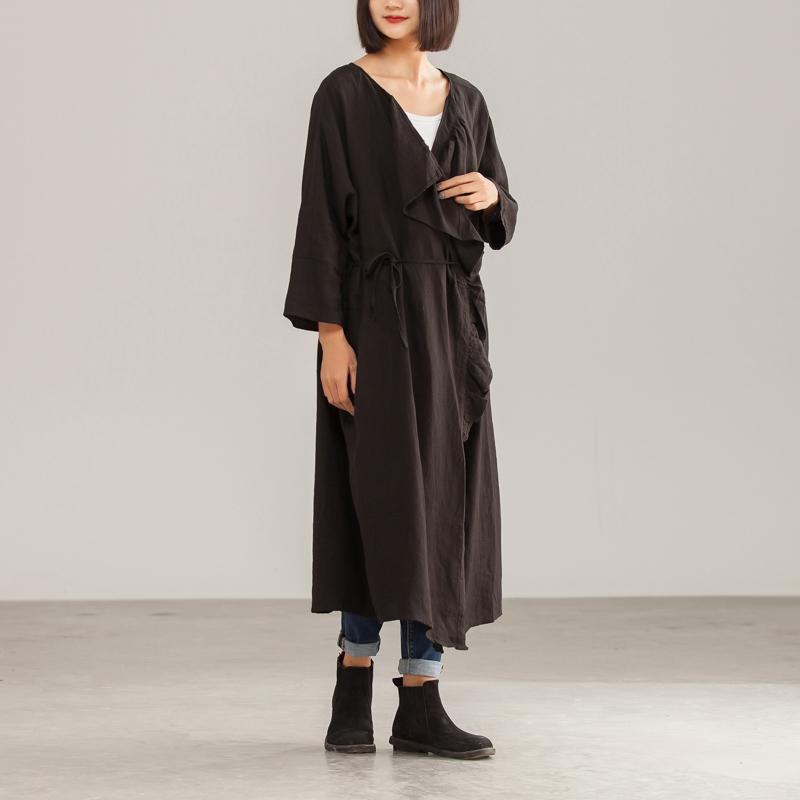 Long Linen Women Autumn Solid Ruffles Coat