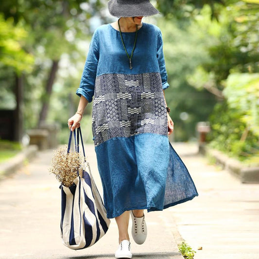 Long Sleeve Casual Linen Slit Pullover Dress