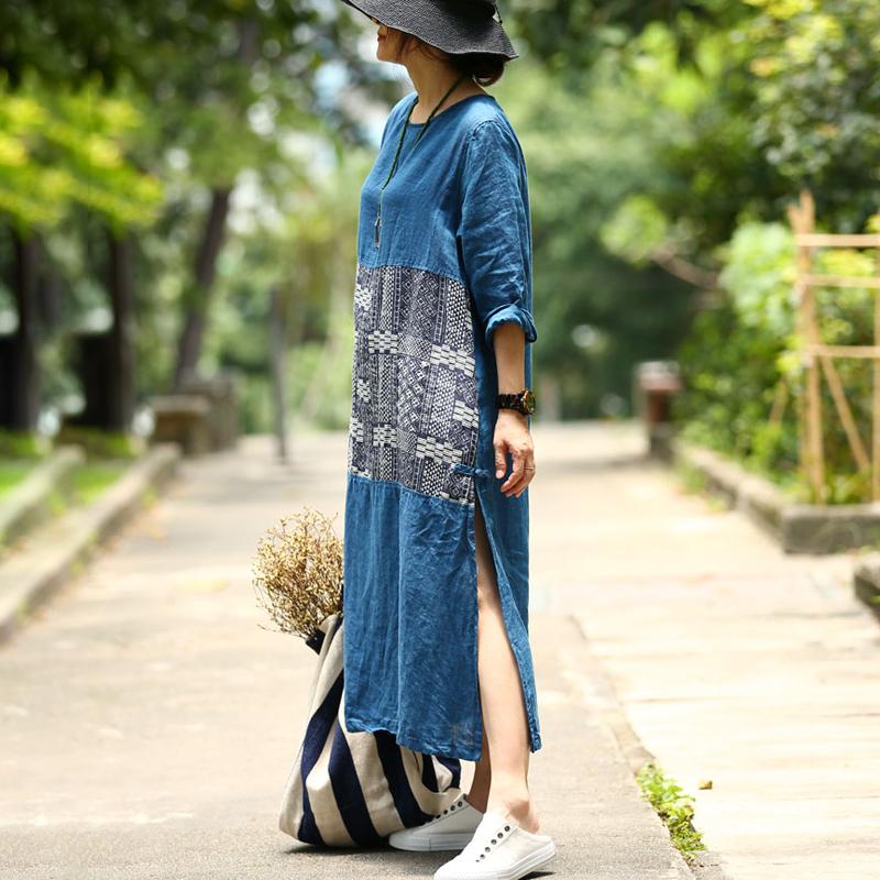 Long Sleeve Casual Linen Slit Pullover Dress