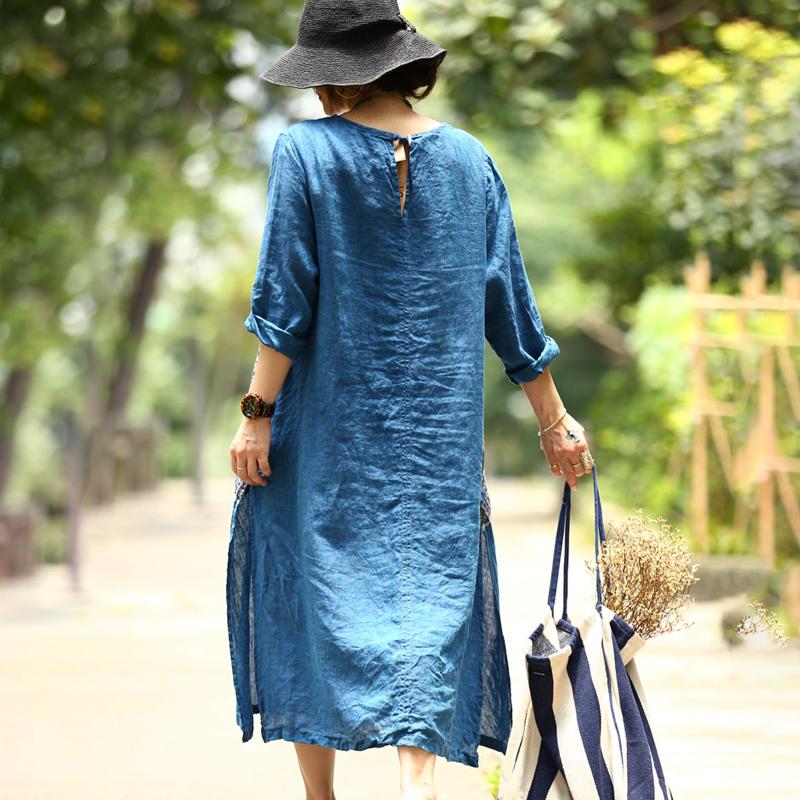 Long Sleeve Casual Linen Slit Pullover Dress