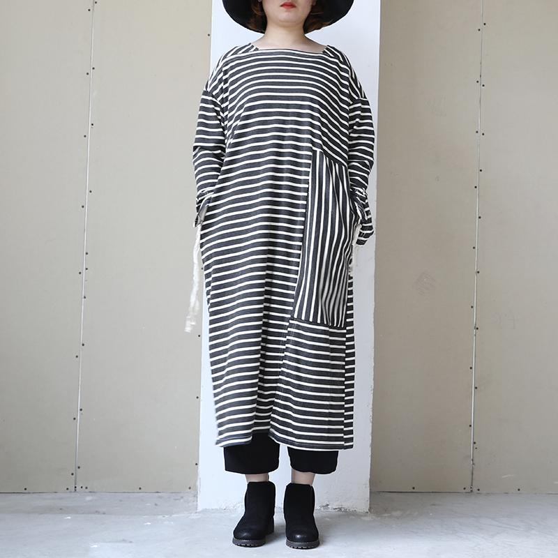 Long Sleeve Lacing Stripe Splitting Dress For Women