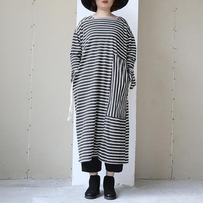 Long Sleeve Lacing Stripe Splitting Dress For Women