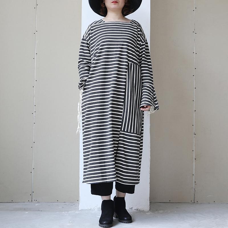 Long Sleeve Lacing Stripe Splitting Dress For Women