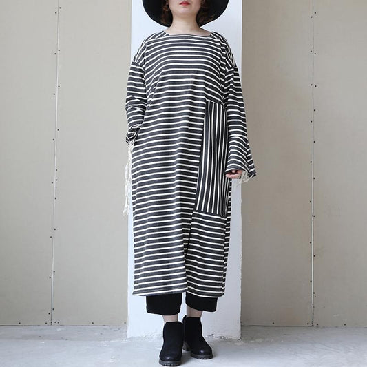 Long Sleeve Lacing Stripe Splitting Dress For Women