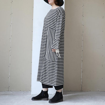 Long Sleeve Lacing Stripe Splitting Dress For Women