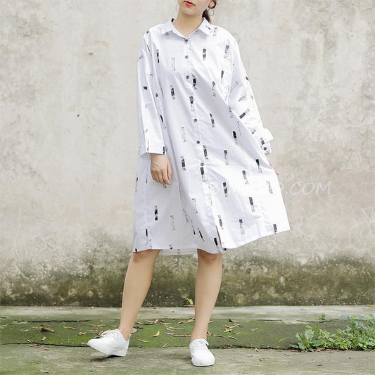 Long Sleeve Printed Polo Collar White Women Dress