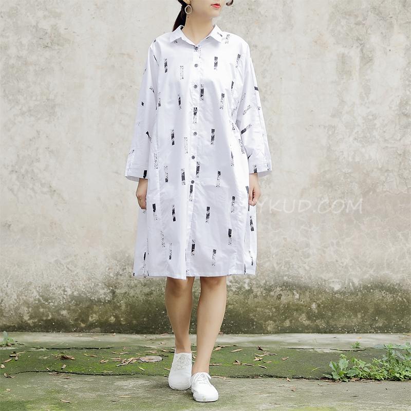 Long Sleeve Printed Polo Collar White Women Dress