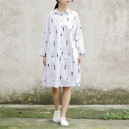 Long Sleeve Printed Polo Collar White Women Dress