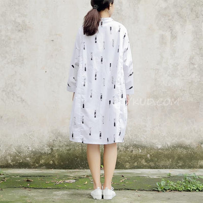 Long Sleeve Printed Polo Collar White Women Dress