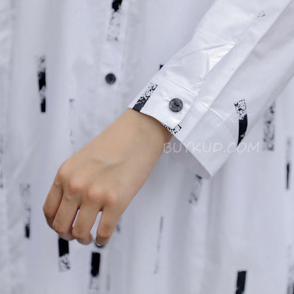 Long Sleeve Printed Polo Collar White Women Dress