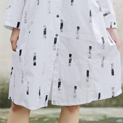 Long Sleeve Printed Polo Collar White Women Dress