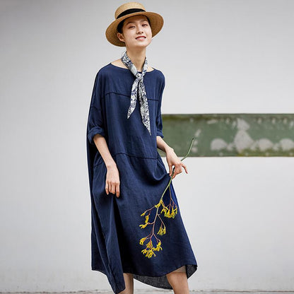 Long Sleeve Retro Solid Color Plus Size Dress