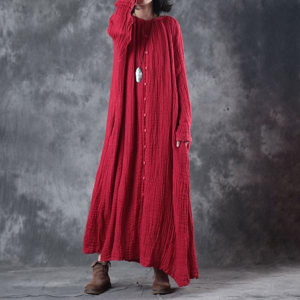 Loose Autumn Women Round Neck Red Linen Long Dress