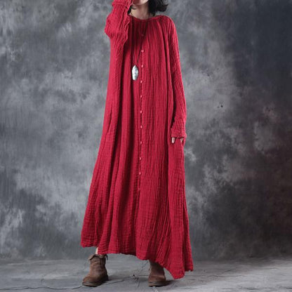 Loose Autumn Women Round Neck Red Linen Long Dress