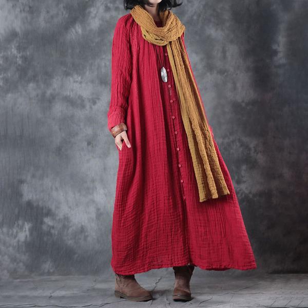 Loose Autumn Women Round Neck Red Linen Long Dress