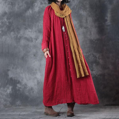 Loose Autumn Women Round Neck Red Linen Long Dress