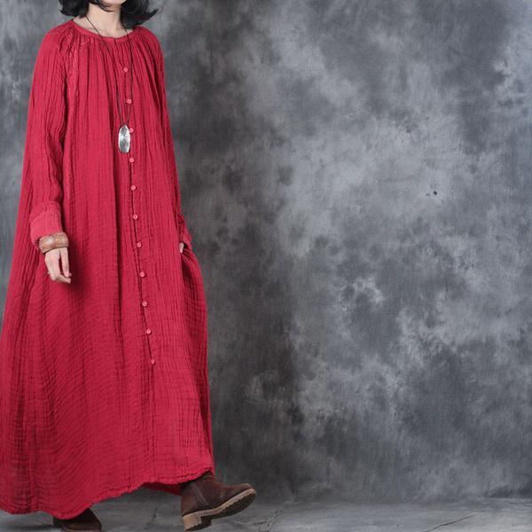 Loose Autumn Women Round Neck Red Linen Long Dress