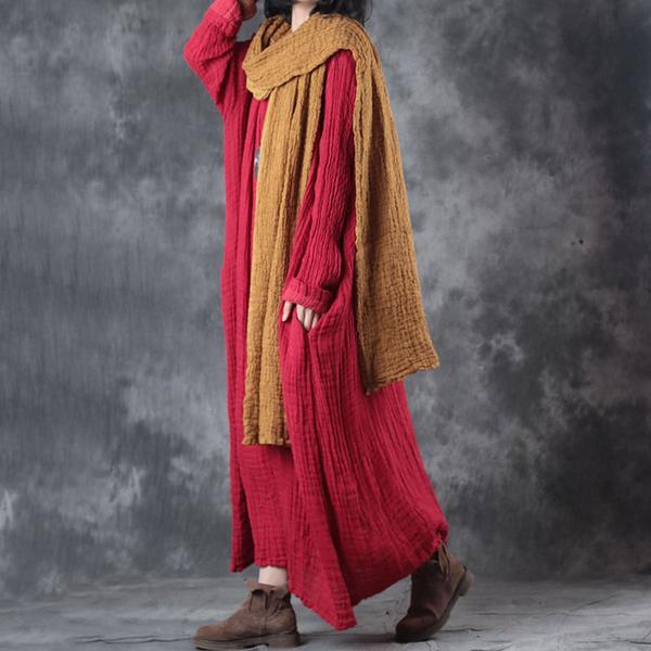 Loose Autumn Women Round Neck Red Linen Long Dress