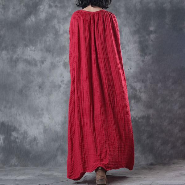 Loose Autumn Women Round Neck Red Linen Long Dress