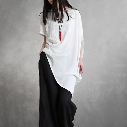 Loose Batwing Sleeve Linen Jacquard Blouse