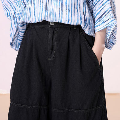 Loose Black Female Denim Cotton Pants
