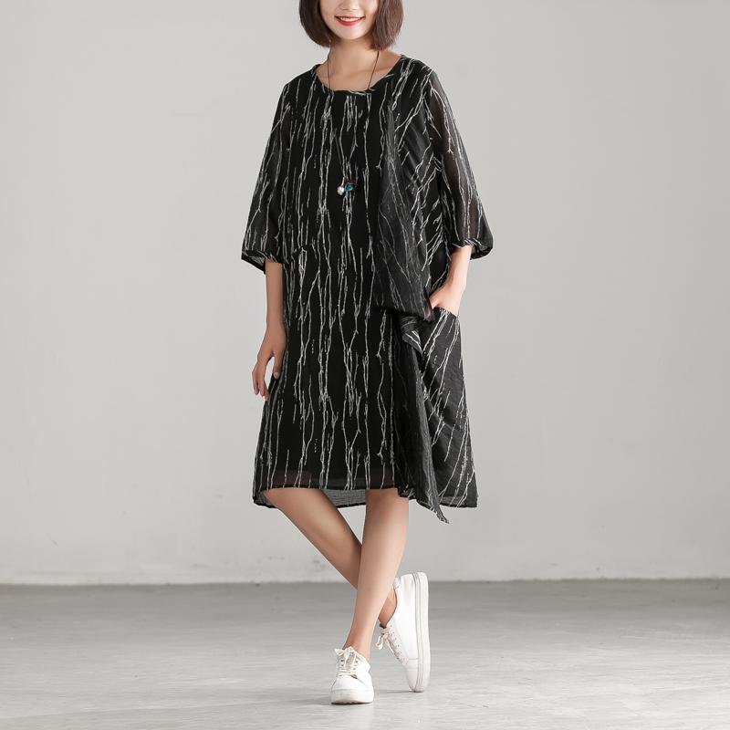Loose Black Women Round Neck Casual Dress